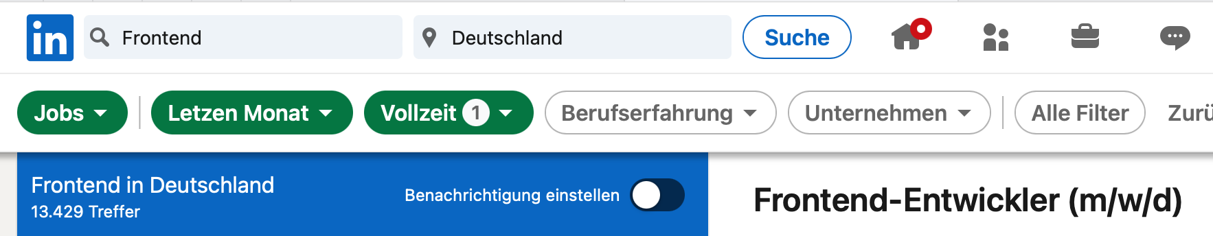 Stellengesuche Frontend auf LinkedIn